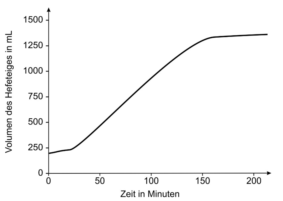 Diagramm: Volumen eines Hefeteigs (mL) steigt über Zeit (Minuten) von ~200 auf ~1300 und flacht bei 150–210 Minuten ab.
